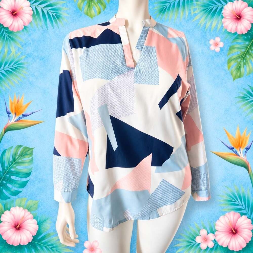 0090-ECOWISH Women's Abstract Geometric Print Long Sleeve Notched V-Neck Blouse